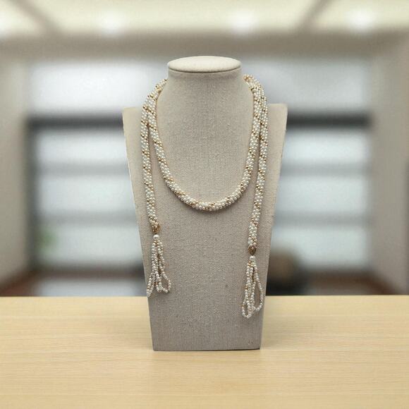 Pearl Beaded Tassel Necklace Long Rope Flapper Style Vintage Jewelry - Picture 6 of 8